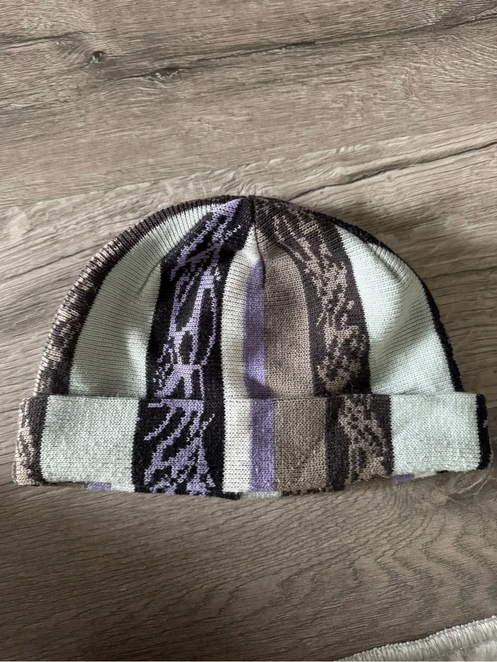Vans Striped Knit Cuffed Beanie in Mint, Purple & Brown